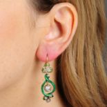 A pair of mid Victorian gold and silver, green enamel and diamond snake earrings.