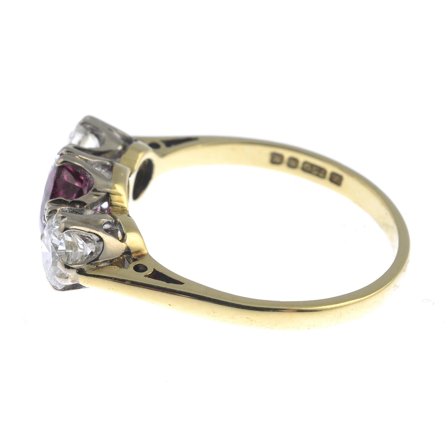 An 18ct gold Thai ruby and brilliant-cut diamond three-stone ring.With report 79215-54, - Image 4 of 6