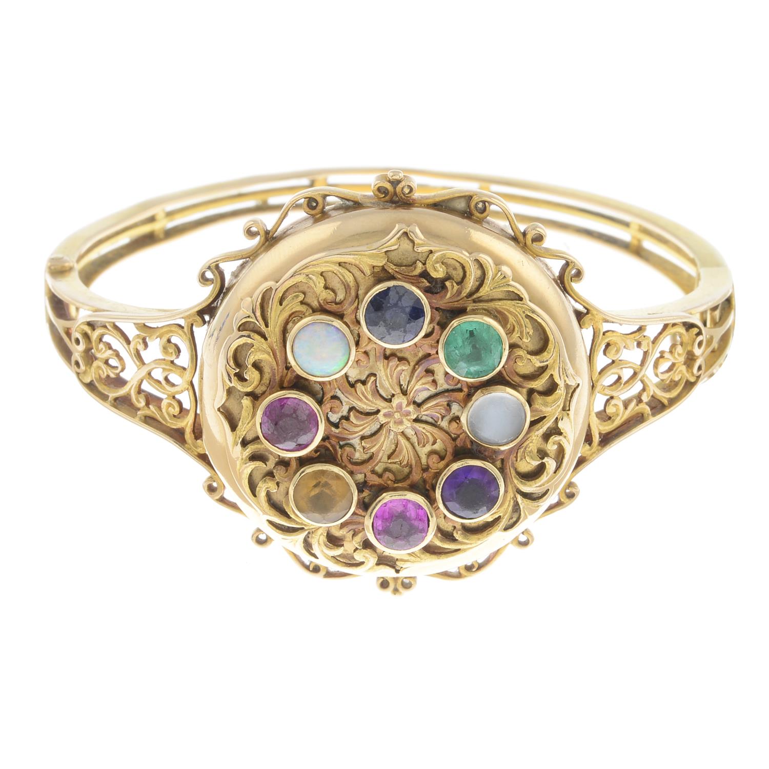 An Edwardian 15ct gold locket bangle, with gem acrostic reading 'Rosemary'. - Image 4 of 4