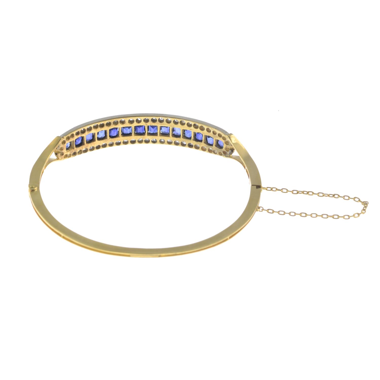 A late Victorian 15ct gold sapphire and diamond hinged bangle.Estimated total diamond weight - Image 4 of 5