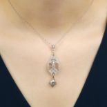 An old-cut diamond openwork drop pendant, with chain.