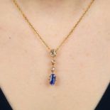 A sapphire, old and rose-cut diamond line pendant, on chain.