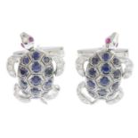 A pair of sapphire, ruby and diamond articulated turtle cufflinks.