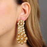 A pair of foil back diamond and enamel cluster earrings.Together with similarly-designed chain