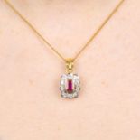 A ruby and brilliant-cut diamond cluster pendant, with chain.