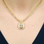 A pear-shape diamond and pave-set diamond cluster pendant,