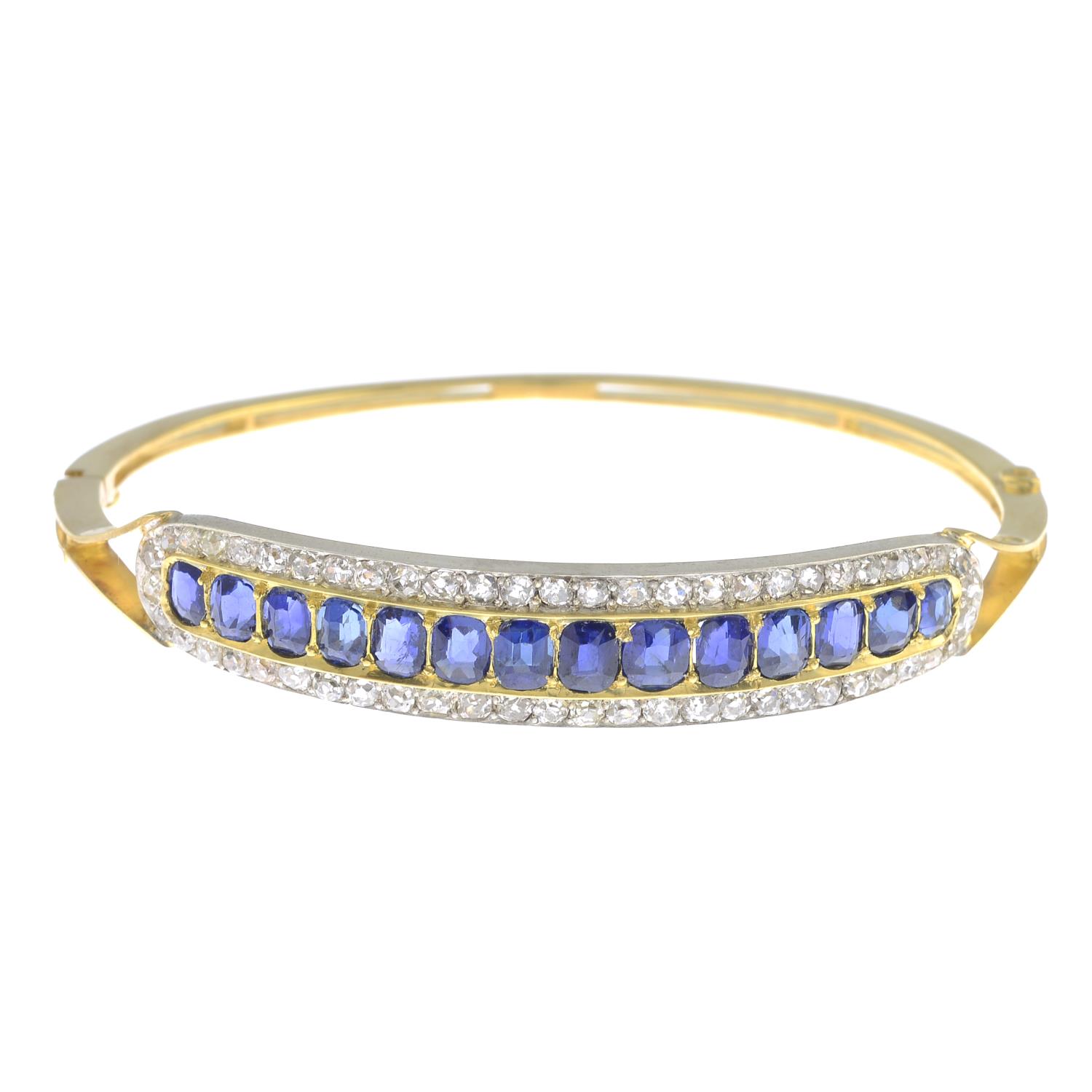 A late Victorian 15ct gold sapphire and diamond hinged bangle.Estimated total diamond weight - Image 5 of 5