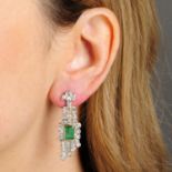 A pair of rectangular-shape emerald and single-cut diamond earrings.Calculated total emerald weight