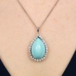 A turquoise and brilliant-cut diamond cluster pendant,