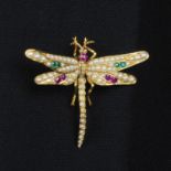 An early 20th century 15ct gold, split pearl, emerald and ruby dragonfly clip.Stamped 15ct.