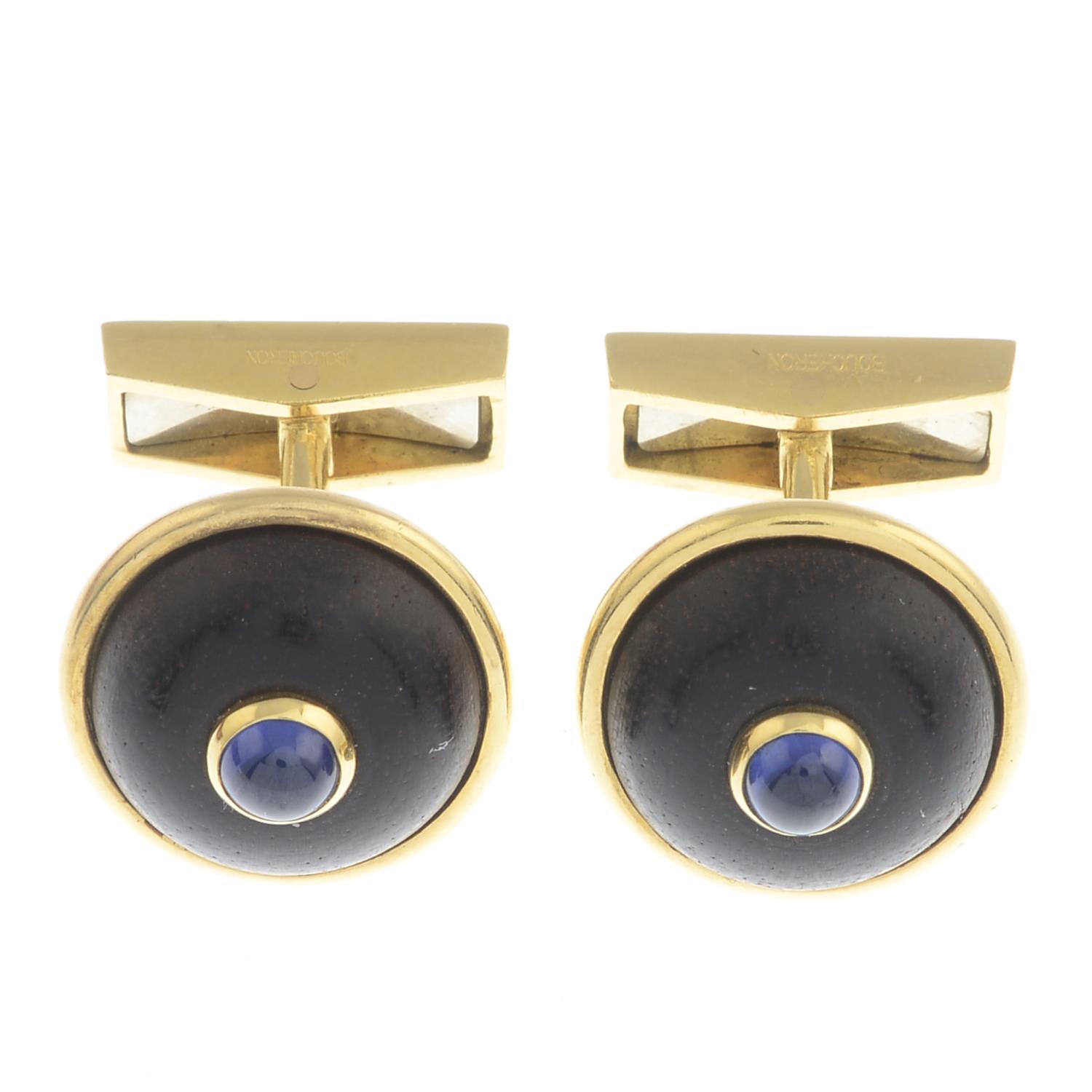 A pair of sapphire cabochon and brown coral cufflinks, by Boucheron.French marks. - Image 3 of 3