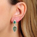 A pair of emerald, diamond and white enamel earrings.