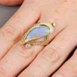 An Art Nouveau 18ct gold opal, diamond and enamel dress ring.