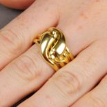 A late Victorian 18ct gold double snake ring.Hallmarks for London, 1898.Ring size Q.