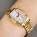 An 18ct gold diamond, ruby and emerald watch, with floral dial, by William & Son.