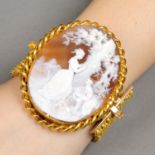 A 19th century gold shell cameo brooch, with detachable bracelet fitting.