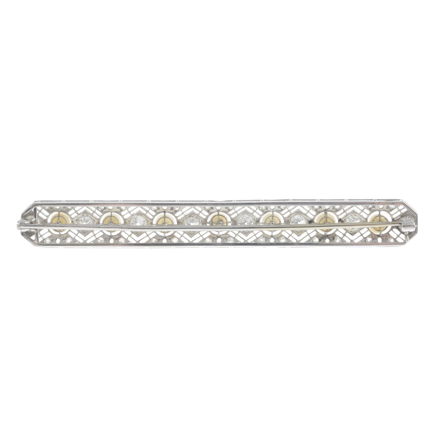 A mid 20th century 18ct gold cultured pearl and diamond bar brooch. - Image 2 of 4