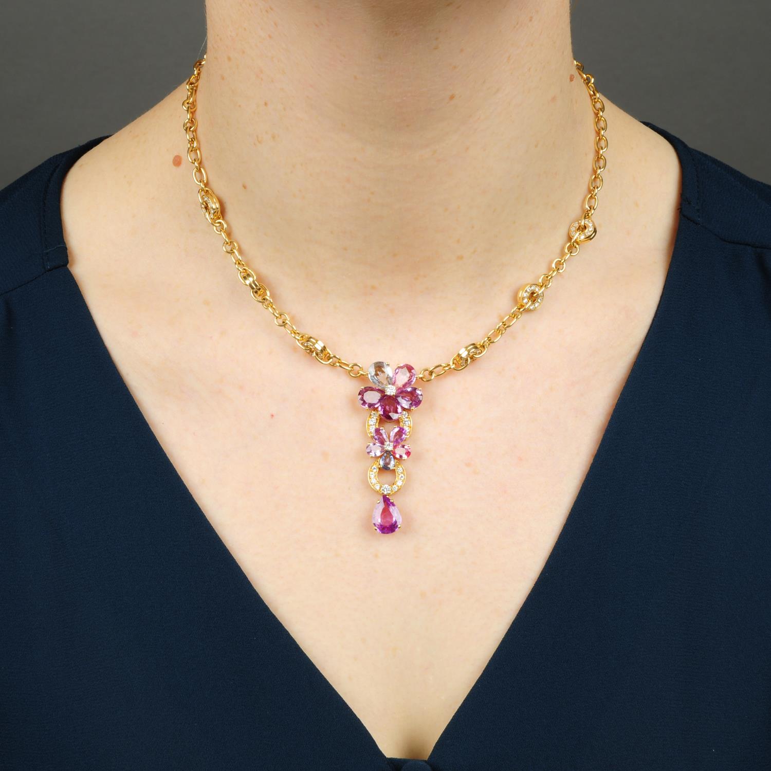 A limited edition diamond and vari-hue 'Sapphire Flower' necklace, - Image 3 of 5