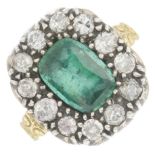 A cushion-shape emerald and old-cut diamond cluster ring.