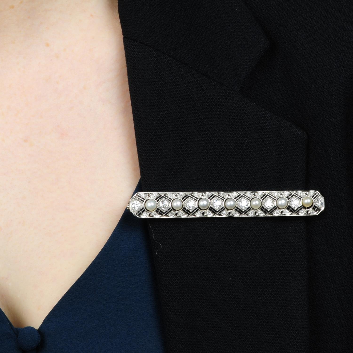 A mid 20th century 18ct gold cultured pearl and diamond bar brooch. - Image 4 of 4