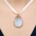 A late Victorian silver and gold moonstone cameo and diamond pendant.Estimated total diamond weight