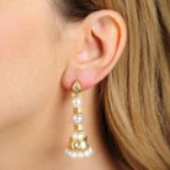 A pair of 18ct gold cultured pearl and vari-cut diamond drop earrings.