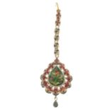 A foil back red gem, foil back diamond and enamel tikka.Length 10.1cms.