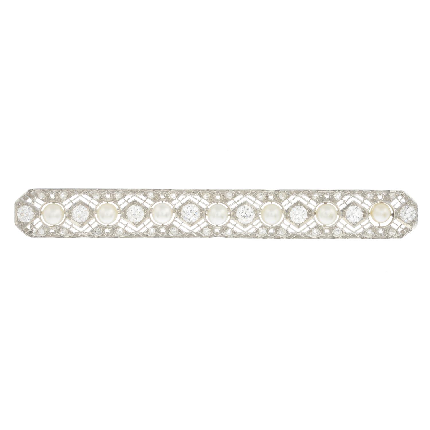 A mid 20th century 18ct gold cultured pearl and diamond bar brooch. - Image 3 of 4