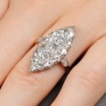 A platinum and 18ct gold old-cut diamond marquise-shape ring.Estimated total diamond weight 2 to