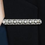 A mid 20th century 18ct gold cultured pearl and diamond bar brooch.