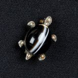 A late Victorian silver and gold, banded agate and rose-cut diamond turtle brooch.Length 2.6cms.