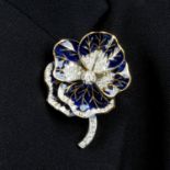 A diamond and blue plique-a-jour enamel floral pansy brooch.Estimated total diamond weight 1.75 to