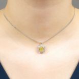 An 18ct gold Fancy Intense Yellow diamond and diamond cluster pendant, with curb-link chain.