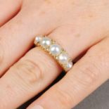 A late Victorian gold split pearl five-stone ring,