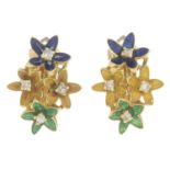 A pair of 1970s 18ct gold enamel and diamond floral earrings.