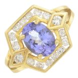 A tanzanite and diamond dress ring.Tanzanite calculated weight 1.44cts,