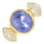A sapphire and diamond three-stone ring.Calculated sapphire weight 2.22cts,