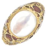 A mid 19th century gold moonstone, diamond and enamel ring.