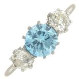 A mid 20th century blue zircon and diamond three-stone ring.Zircon calculated weight 1.49cts,