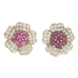 A pair of ruby and diamond floral cluster earrings.Estimated total diamond weight 1.60cts.