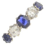 A graduated sapphire and diamond five-stone ring.Estimated total diamond weight 0.85ct,