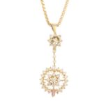 A diamond pendant, suspended from a 9ct gold box-link chain.Estimated total diamond weight 0.50ct.