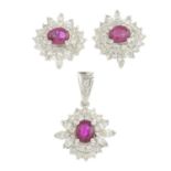 A set of ruby and diamond jewellery, to include a pendant and a pair of earrings.