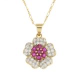 A ruby and diamond floral cluster pendant,