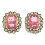 A pair of pink tourmaline and diamond cluster earrings.Total tourmaline weight 3.30cts.Estimated