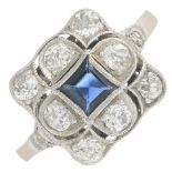 A sapphire and diamond cluster ring.Estimated total diamond weight 0.65ct,