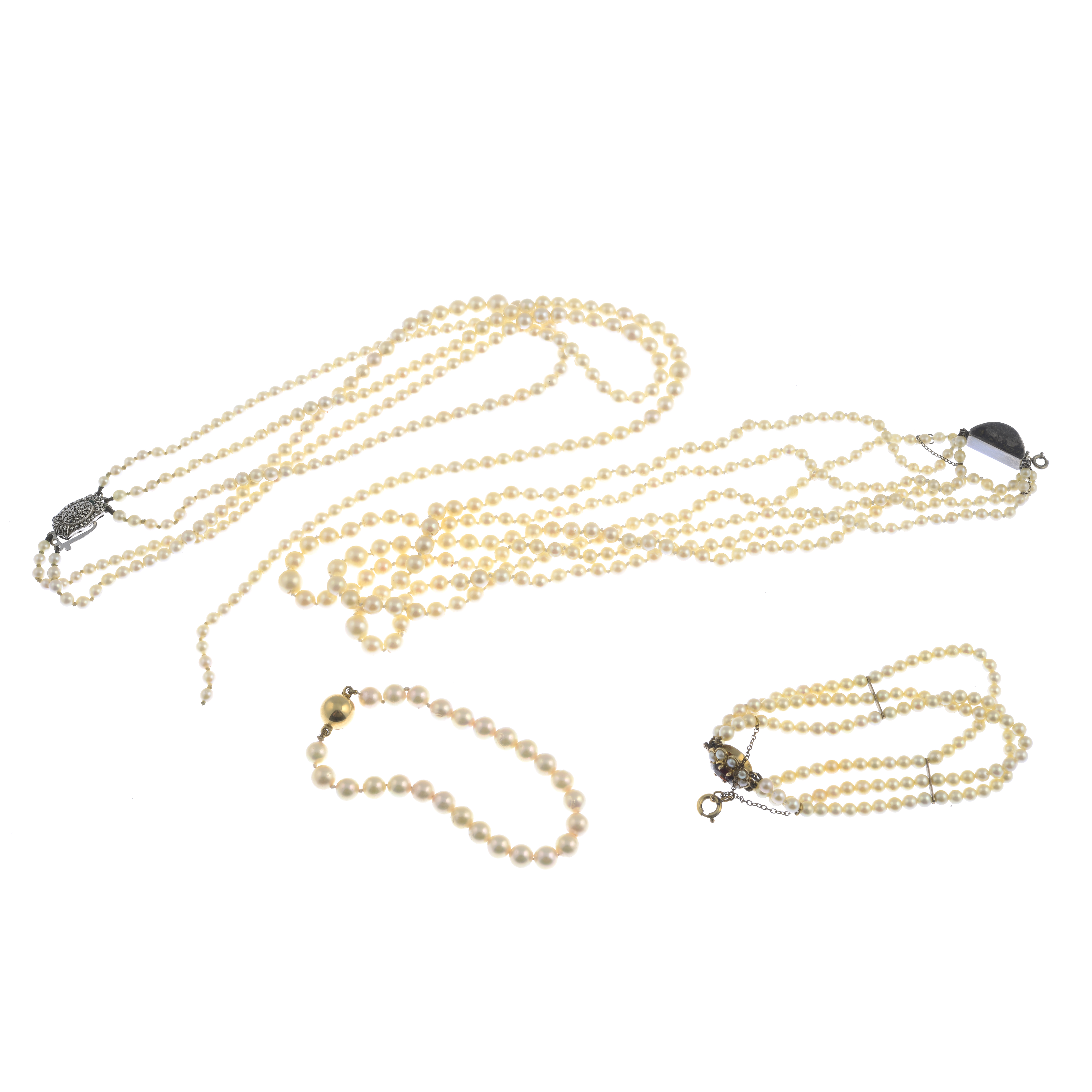 Two three-row cultured pearl necklaces with marcasite push-piece clasps, - Image 2 of 2