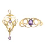An early 20th century split pearl and amethyst pendant and an art nouveau brooch.Pendant stamped