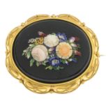 A late 19th century 18ct gold pietra dura brooch.Stamped 18ct.Length 5cms.