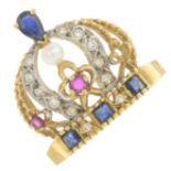 An 18ct gold diamond and gem-set crown ring,